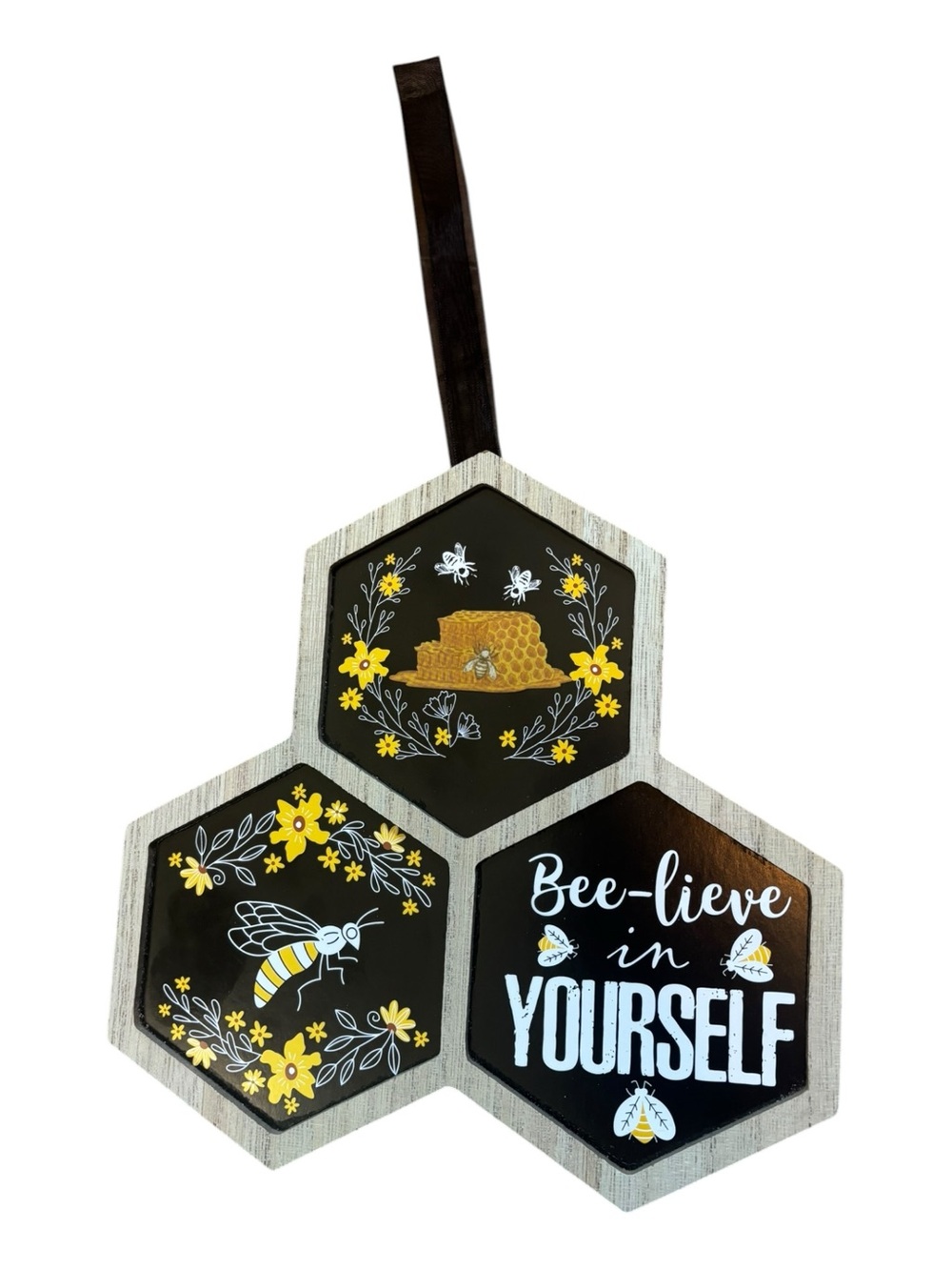 Bee-lieve in Yourself // Hexagon // Bee Hanging Wall Decor // Yellow & Black